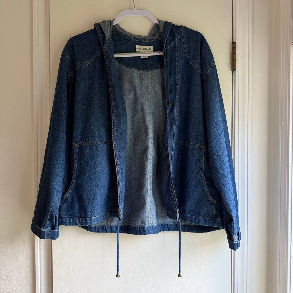 Crossroads Womens Large Blue Denim Hooded Zip Up Jacket Cotton Windbreaker L